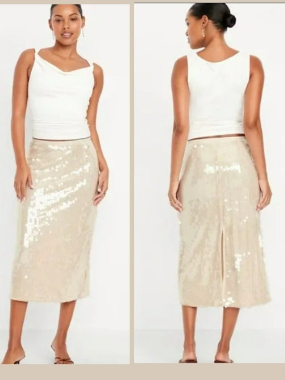 Cream Shine High-Waisted Sequin Midi Pencil Skirt Sz L
